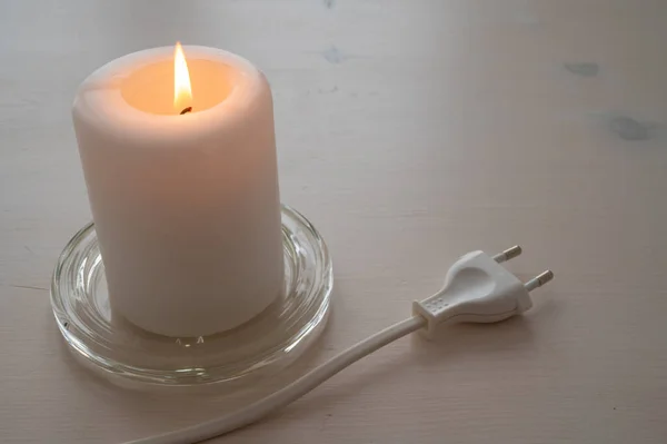 Lit Candle Next Electric Plug Energy Savings Increased Tariffs Bills — Stock Photo, Image