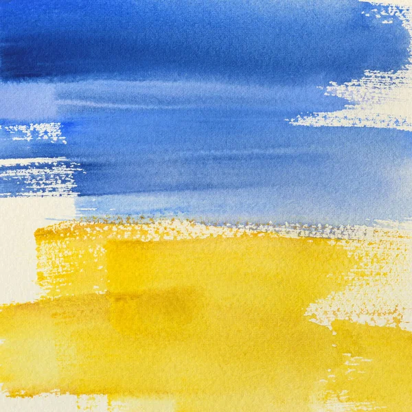 Ukrayna 'nın suluboya bayrağı. Ülkenin ulusal sembolü. Sarı ve mavi renkler. Elle boyanmış renkli dokunuşlar ve suluboya kağıt üzerinde bir fırça. Kare pankart ya da arka plan. UA.