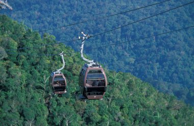Malezya 'nın Langkawi Adası' ndaki Gunung Machinchang Dağı 'ndaki orman manzarasında bir teleferik. Malezya, Langkawi, Ocak 2003