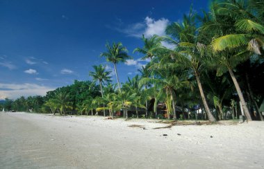 Malezya 'nın Langkawi Adası' nın kuzeyinde peyzaj naer Ayer Hangat köyü olan bir plaj. Malezya, Langkawi, Ocak 2003