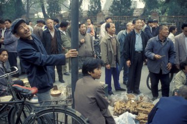 Çin 'in Pekin şehir merkezindeki bir hayvan pazarında bir Çin kuş pazarı. Çin, Pekin, Ekim 1997