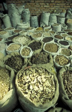 Çin 'in Shaanxi Provinz şehrindeki Xian şehrinin merkezindeki Çin Tıp Marketi' nde alternatif Çin tıbbı. Çin, Xian, Ekim 1997