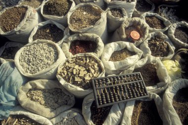 Çin 'in Shaanxi Provinz şehrindeki Xian şehrinin merkezindeki Çin Tıp Marketi' nde alternatif Çin tıbbı. Çin, Xian, Ekim 1997