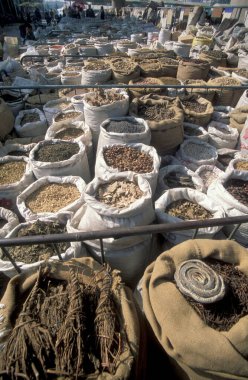 Çin 'in Shaanxi Provinz şehrindeki Xian şehrinin merkezindeki Çin Tıp Marketi' nde alternatif Çin tıbbı. Çin, Xian, Ekim 1997