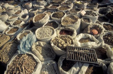 Çin 'de Şanksi' nin Provinz bölgesindeki Xian 'ın şehir merkezindeki Çin Tıp Marketi' nde alternatif Çin tıbbı. Çin, Xian, Ekim 1997