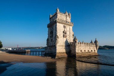 the Torre de Belem or Belem Tower on the Rio Tejo in Belem near the City of Lisbon in Portugal.  Portugal, Lisbon, October, 2021