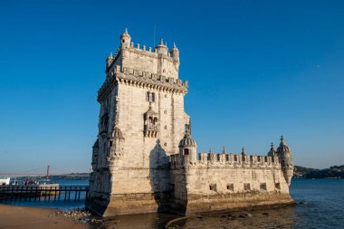 the Torre de Belem or Belem Tower on the Rio Tejo in Belem near the City of Lisbon in Portugal.  Portugal, Lisbon, October, 2021