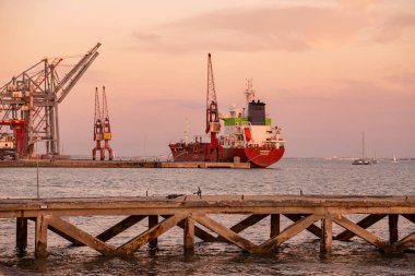 a carco freight Port at the Rio Tejo in the City of Lisbon in Portugal.  Portugal, Lisbon, October, 2021