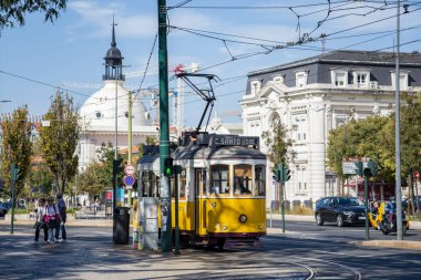 a traditional Lisbon Tram on the streets of Chiado in the City of Lisbon in Portugal.  Portugal, Lisbon, October, 2021