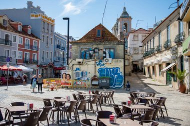 the Church or Igreja in the centre of the Town Cacilhas at the Rio Tejo next to the City of Lisbon in Portugal.  Portugal, Lisbon, October, 2021
