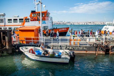the Public Transport Ferry from Cais de Sodre to Cacilhas at the Rio Tejo near the City of Lisbon in Portugal.  Portugal, Lisbon, October, 2021