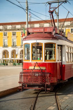 a traditional Lisbon Tram on the streets of Baixa in the City of Lisbon in Portugal.  Portugal, Lisbon, October, 2021
