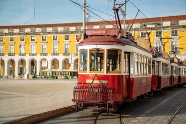 a traditional Lisbon Tram on the streets of Baixa in the City of Lisbon in Portugal.  Portugal, Lisbon, October, 2021