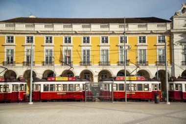 a traditional Lisbon Tram on the streets of Baixa in the City of Lisbon in Portugal.  Portugal, Lisbon, October, 2021