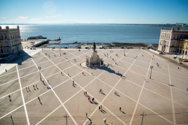 the view from the Arco da Rua Augusta with the Buildings at the Parca do Comercio in Baixa in the City of Lisbon in Portugal.  Portugal, Lisbon, October, 2021