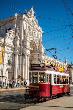 a traditional Lisbon Tram on the streets of Baixa in the City of Lisbon in Portugal.  Portugal, Lisbon, October, 2021