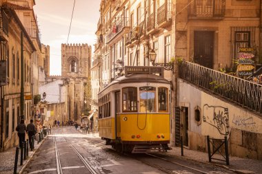 a traditional Lisbon Tram on the streets of Alfama in the City of Lisbon in Portugal. Portugal, Lisbon, October, 2021