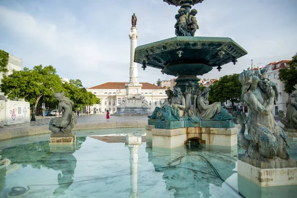 Fuente Con Las Estatuas Sirena Plaza Rossia Baixa Ciudad Lisboa — Foto de Stock