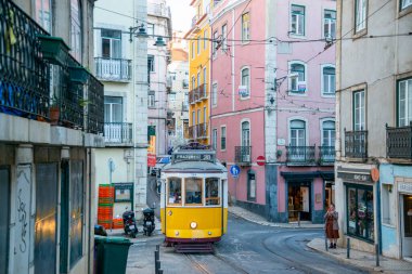 a traditional Lisbon Tram on the streets of Chiado in the City of Lisbon in Portugal. Portugal, Lisbon, October, 2021