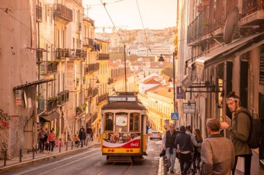a traditional Lisbon Tram on the streets of Chiado in the City of Lisbon in Portugal. Portugal, Lisbon, October, 2021