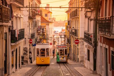 a traditional Lisbon Tram on the streets of Chiado in the City of Lisbon in Portugal. Portugal, Lisbon, October, 2021