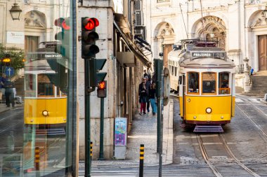 a traditional Lisbon Tram on the streets of Baixa in the City of Lisbon in Portugal. Portugal, Lisbon, October, 2021