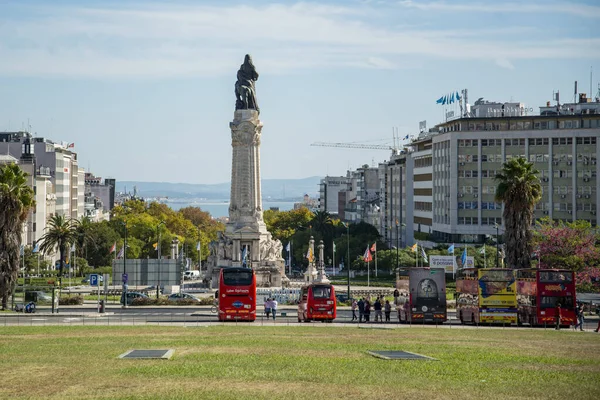 Tourist Bus Monument Parca Marques Pompal Baixa City Lisbon Portugal — Stockfoto