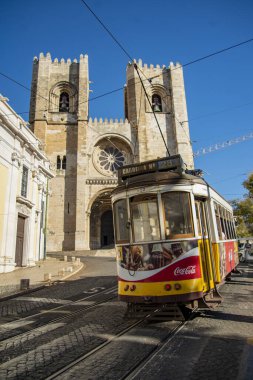 a traditional Lisbon Tram on the streets of Alfama in the City of Lisbon in Portugal. Portugal, Lisbon, October, 2021
