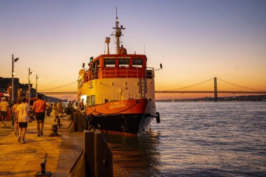 the Public Transport Ferry from Cais de Sodre to Cacilhas at the Rio Tejo near the City of Lisbon in Portugal.  Portugal, Lisbon, October, 2021