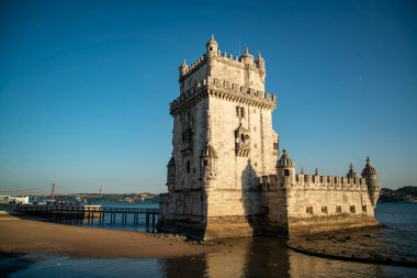 the Torre de Belem or Belem Tower on the Rio Tejo in Belem near the City of Lisbon in Portugal.  Portugal, Lisbon, October, 2021