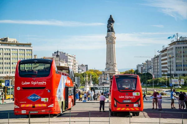 Tourist Bus Monument Parca Marques Pompal Baixa City Lisbon Portugal — Stock Fotó