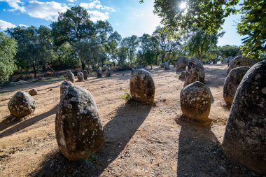 Portekiz 'in Alentejo kenti Evora yakınlarındaki Almendres' de Ebora Megalithica ve Cromlech of Almendres. Portekiz, Evora, Ekim 2021