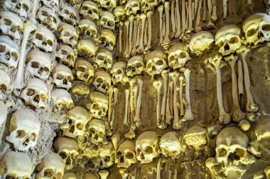 Capela dos Ossos 'taki St. Francis Kilisesi' ndeki insan kemikleri ya da Portekiz 'in Alentejo kentindeki Evora şehrindeki igreja de Sao Francisco. Portekiz, Evora, Ekim 2021