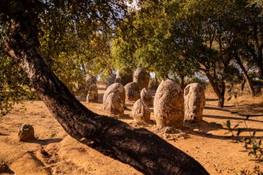 Portekiz 'in Alentejo kenti Evora yakınlarındaki Almendres' de Ebora Megalithica ve Cromlech of Almendres. Portekiz, Evora, Ekim 2021