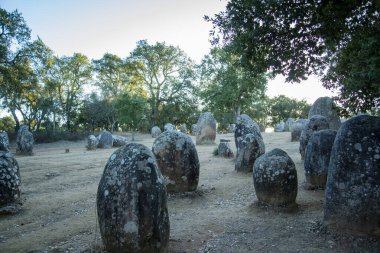 Portekiz 'in Alentejo kenti Evora yakınlarındaki Almendres' de Ebora Megalithica ve Cromlech of Almendres. Portekiz, Evora, Ekim 2021