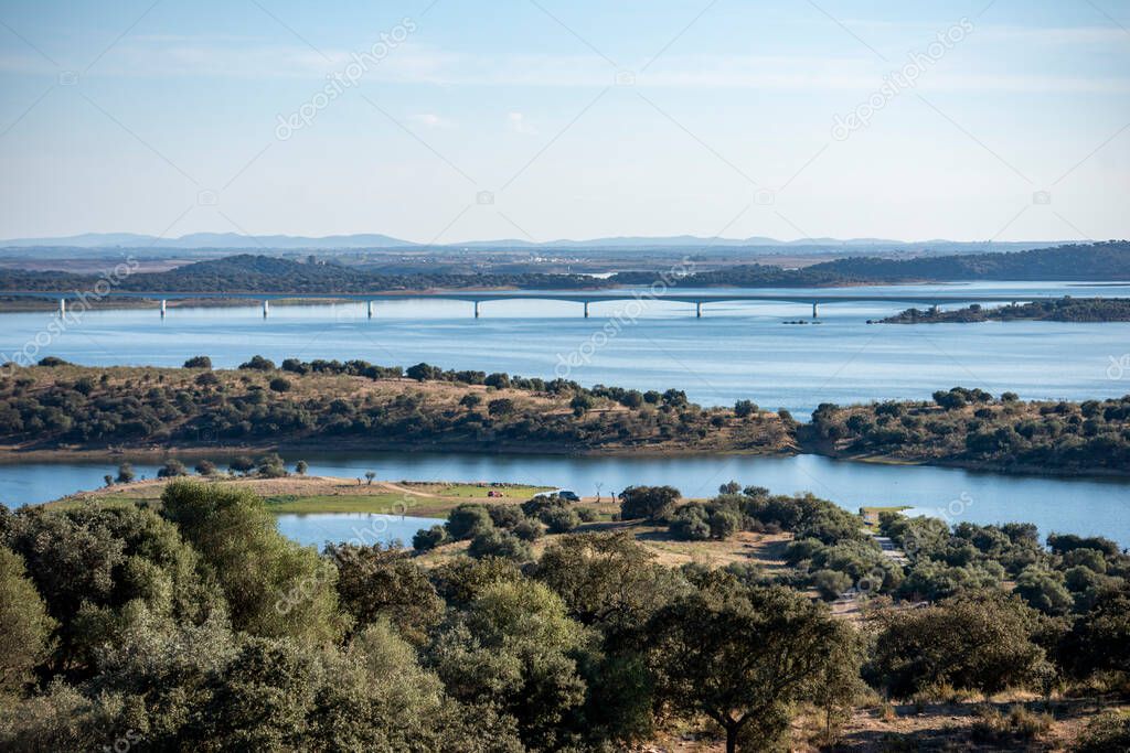 the Lago do Alqueva of the Rio Guadiana neat to the Village and Catelo Monsaraz in Alentejo in Portugal.  Portugal, Monsaraz, October, 2021