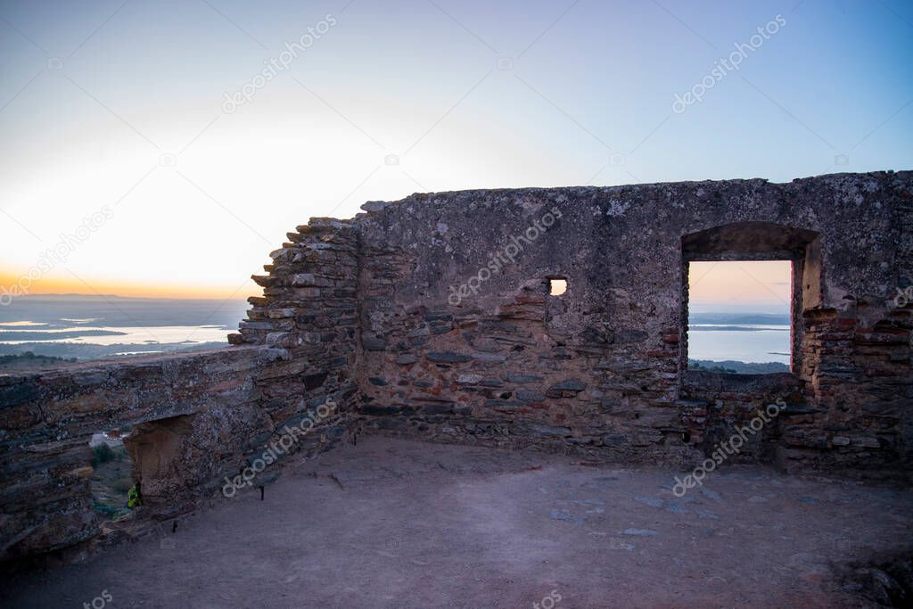 the Castelo at the Village of Monsaraz with the view of the Lago do Alqueva of the Rio Guadiana in Alentejo in Portugal.  Portugal, Monsaraz, October, 2021