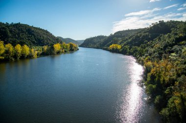 Portekiz, Alentejo 'daki Belver kasabasında Rio Tejo ile manzara. Portekiz, Belver, Ekim 2021