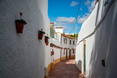 Portekiz 'in Alentejo kentindeki eski Nisa kasabasında, Castelo de Nisa' da küçük bir ara sokak. Portekiz, Nisa, Ekim 2021