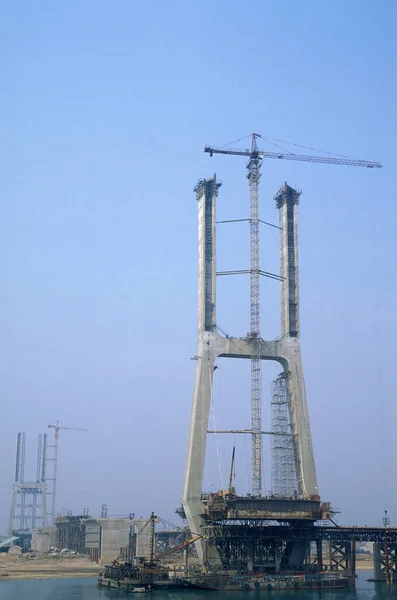 Una Costruzione Ponte Autostradale Sul Fiume Ganjiang Nella Città Nanchang — Foto Stock