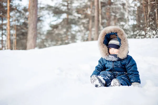 スプルースの森の雪の中に座って子供の肖像画 冬の自然の中でアウトドアを楽しんでいる小さな子供の男の子 クリスマス休暇だ かわいいです幼児男の子で青全体とニットスカーフとキャップ歩くで公園 — ストック写真