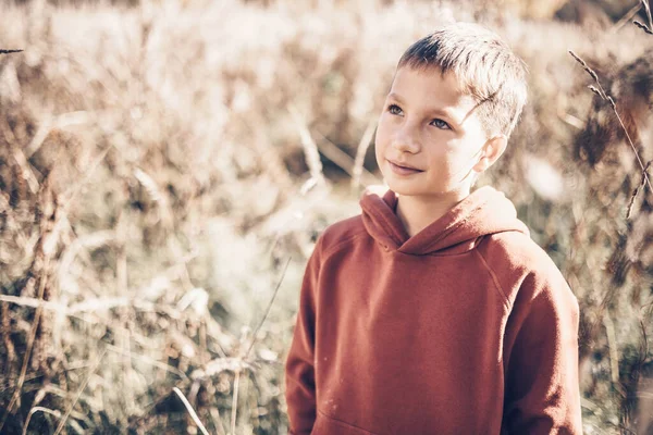 パンパス草の分野で幸せなティーンエイジャーの少年の肖像画 田舎でのスローライフ 屋外で自然の中で楽しい子供の散歩 地元の旅行 持続可能なライフスタイル インスピレーションの瞬間の概念 — ストック写真