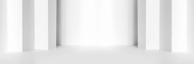 Ürün sunumu için soyut beyaz 3D stüdyo arka planı. Penceresi gölgeli boş gri bir oda. Arkaplanı bulanık olan ürünü göster. Pankart