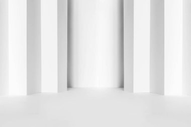 Ürün sunumu için soyut beyaz 3D stüdyo arka planı. Penceresi gölgeli boş gri bir oda. Bulanık arkaplan ile ürünü göster.