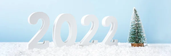 Banner Mulţi Ani 2022 Număr Alb Decorativ 2022 Brad Zăpadă — Fotografie, imagine de stoc