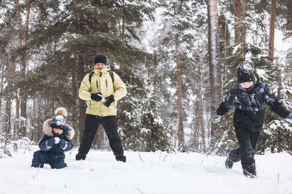 Baba ve oğulları kış ormanında kartopu savaşı yapıyorlar. Dışarıda karda oynayan mutlu çocuklar. Noel tatili, yeni yıl aile tatili. Sıcak giysili kardeşler soğuk günde yürürler.