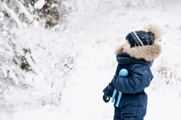 雪のスプルースの森を歩く子供 冬の自然の中でアウトドアを楽しんでいる小さな子供の男の子 クリスマス休暇だ かわいいです幼児男の子で青全体とニットスカーフとキャップ遊びで公園 — ストック写真