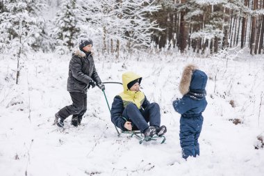 Mutlu çocuklar kış karlı ormanlarında kızakla kayıyorlar. Genç oğlanlar ve yeni yürümeye başlayan çocuk kızakla kayarken ve buzda oynarken eğleniyorlar. Kış zamanı açık hava aktivitesi. Sıcak giysili neşeli kardeşler yürüyor.