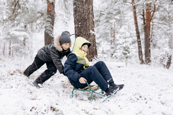 冬の雪の森で寝ている幸せな子供たち 10代の男の子はそりに乗って霜の日に遊んでいます 冬の野外活動 自然の中を歩く暖かい服の二人の楽しい友人 — ストック写真