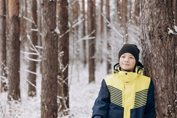 Winter Portrait Happy Teenager Boy Snowy Forest Child Walking Having — Stock Photo, Image